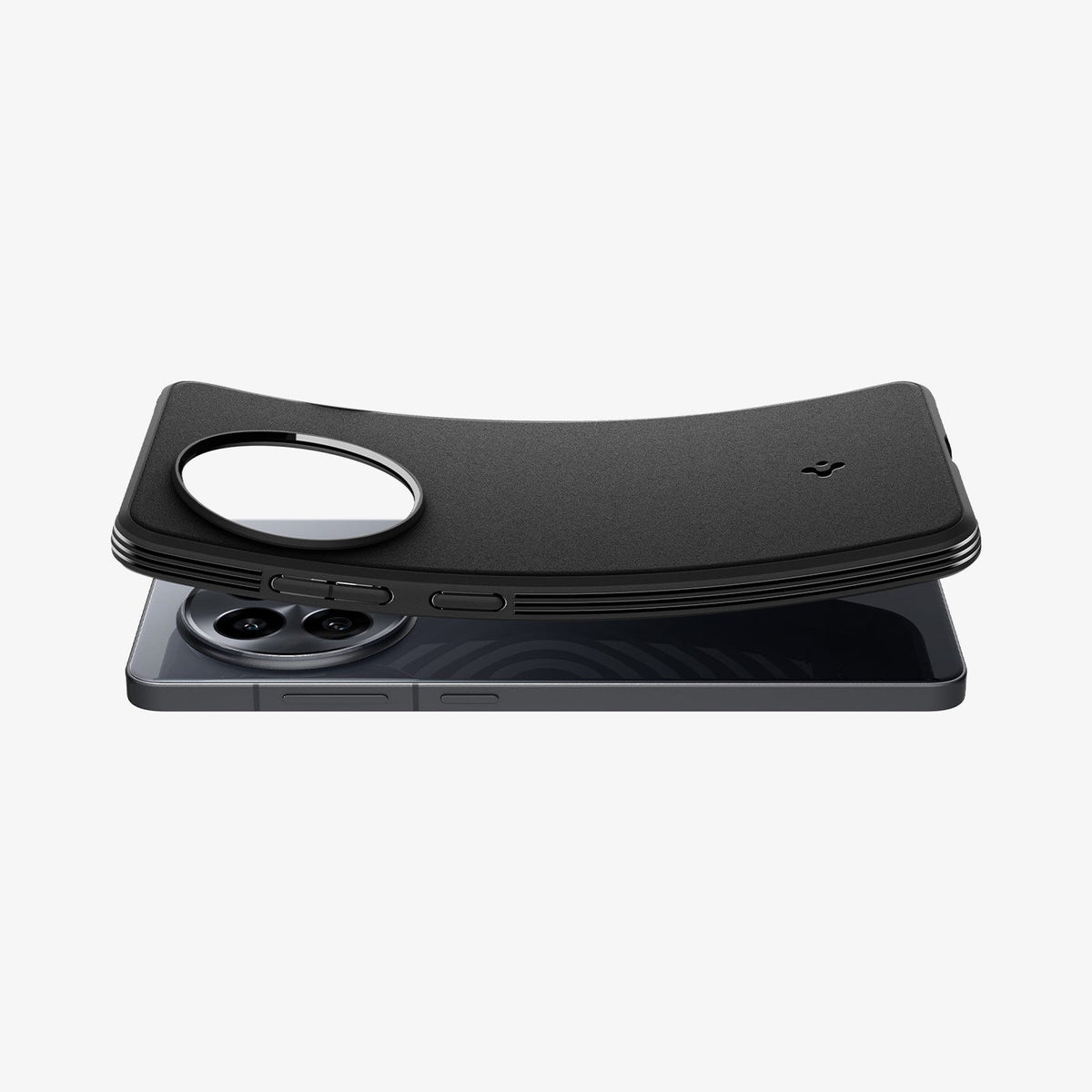 ACS09369 - OnePlus 13R Case Sand Blast in Matte Black showing the back, partial side hovering above the device