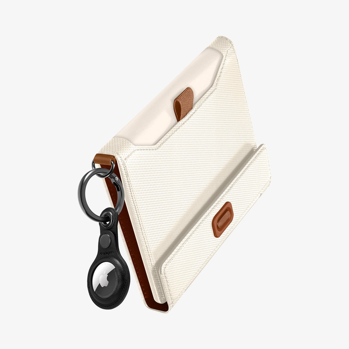 AFA08348 - Passport Holder in dune beige showing the back, side and airtag on attached keychain