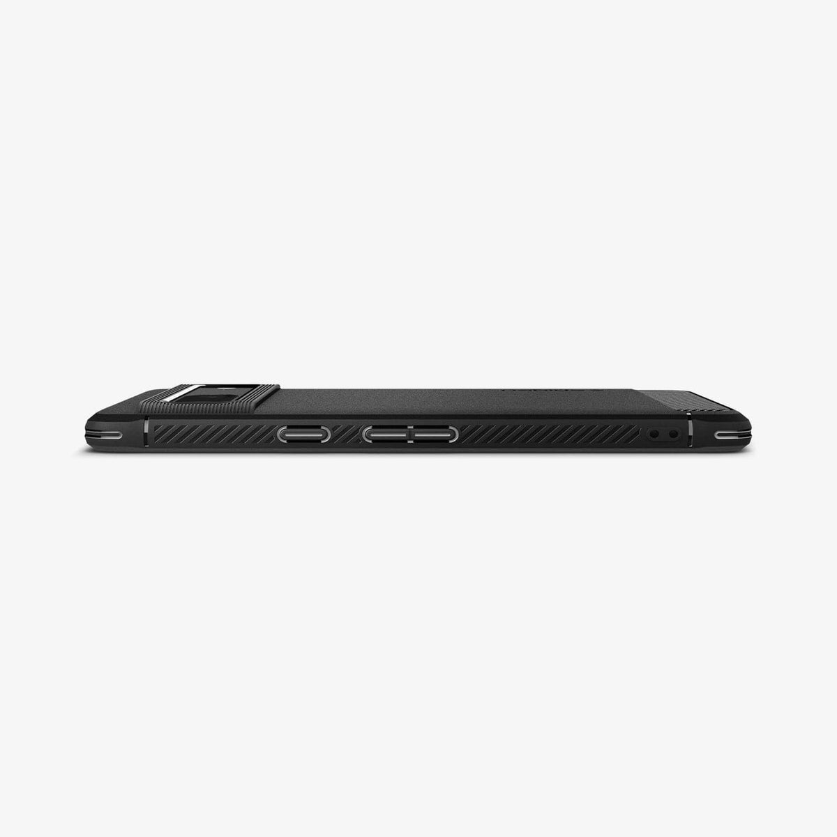 ACS04698 - Pixel 7 Case Rugged Armor in matte black showing the side and partial back with device laying flat