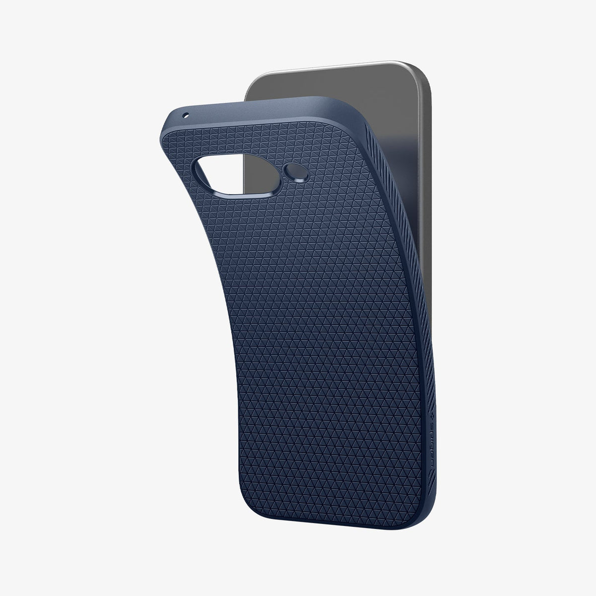 ACS09040 - Pixel 9a Case Liquid Air in Navy Blue showing the back, partial side and top, partially lifted from the case