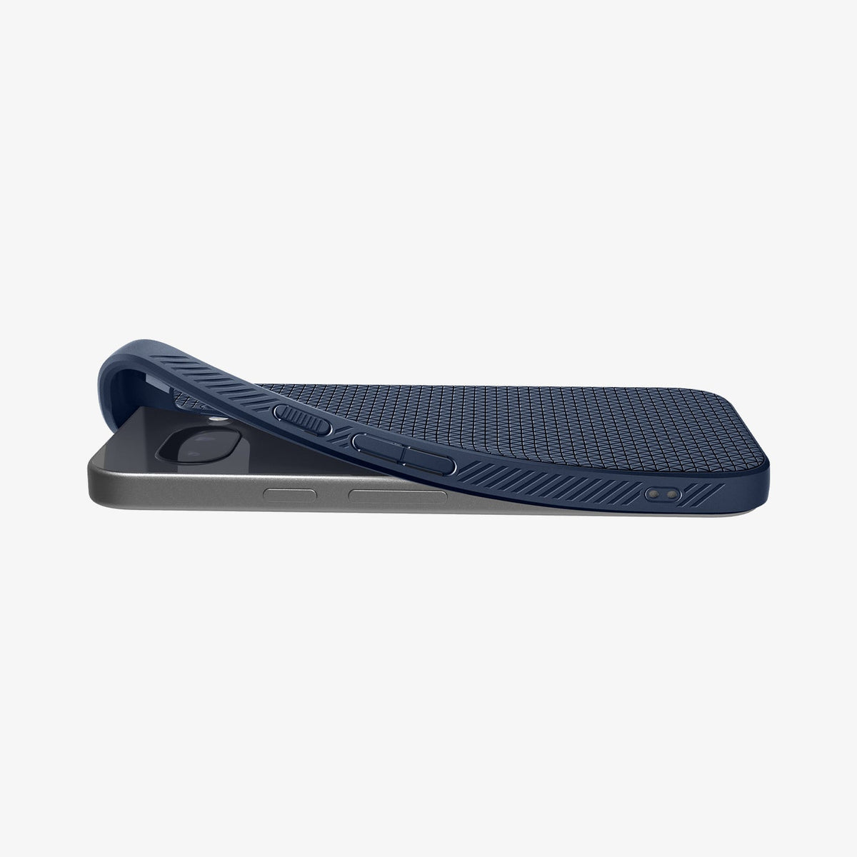 ACS09040 - Pixel 9a Case Liquid Air in Navy Blue showing the back and side partially lifted in the corner