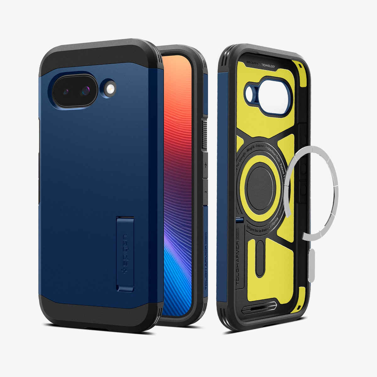 ACS09047 - Pixel 9a Case Tough Armor AI (MagFit) in Navy Blue showing the back, partial front, inner while magnet ring detached hovering in front and showing sides