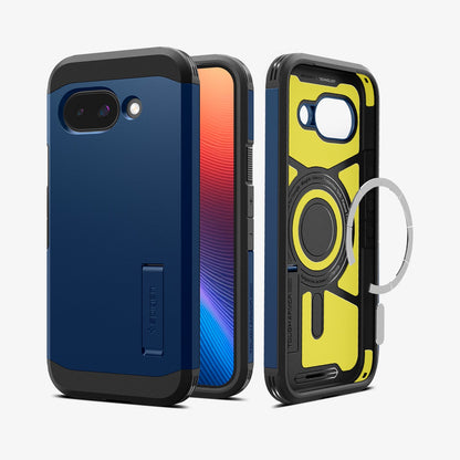 ACS09047 - Pixel 9a Case Tough Armor AI (MagFit) in Navy Blue showing the back, partial front, inner while magnet ring detached hovering in front and showing sides