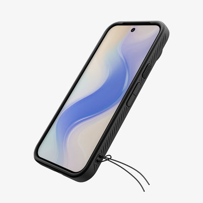 ACS11428 - Pixel 11 Pro Liquid Air Matte Black angled front view highlighting the slim profile, responsive button covers, and integrated strap hole.