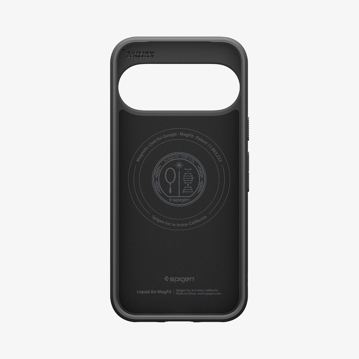 ACS11429 - Pixel 11 Pro Liquid Air (Mag Fit) Matte Black interior view showing the built in magnetic ring, Air Cushion Technology, and Liquid Air MagFit branding.