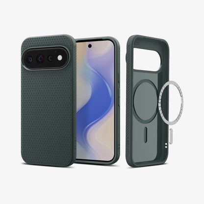 ACS11858 - Pixel 11 Pro Liquid Air (Mag Fit) Abyss Green front and back angled views showing the geometric textured pattern, built in magnetic ring, and Air Cushion Technology.