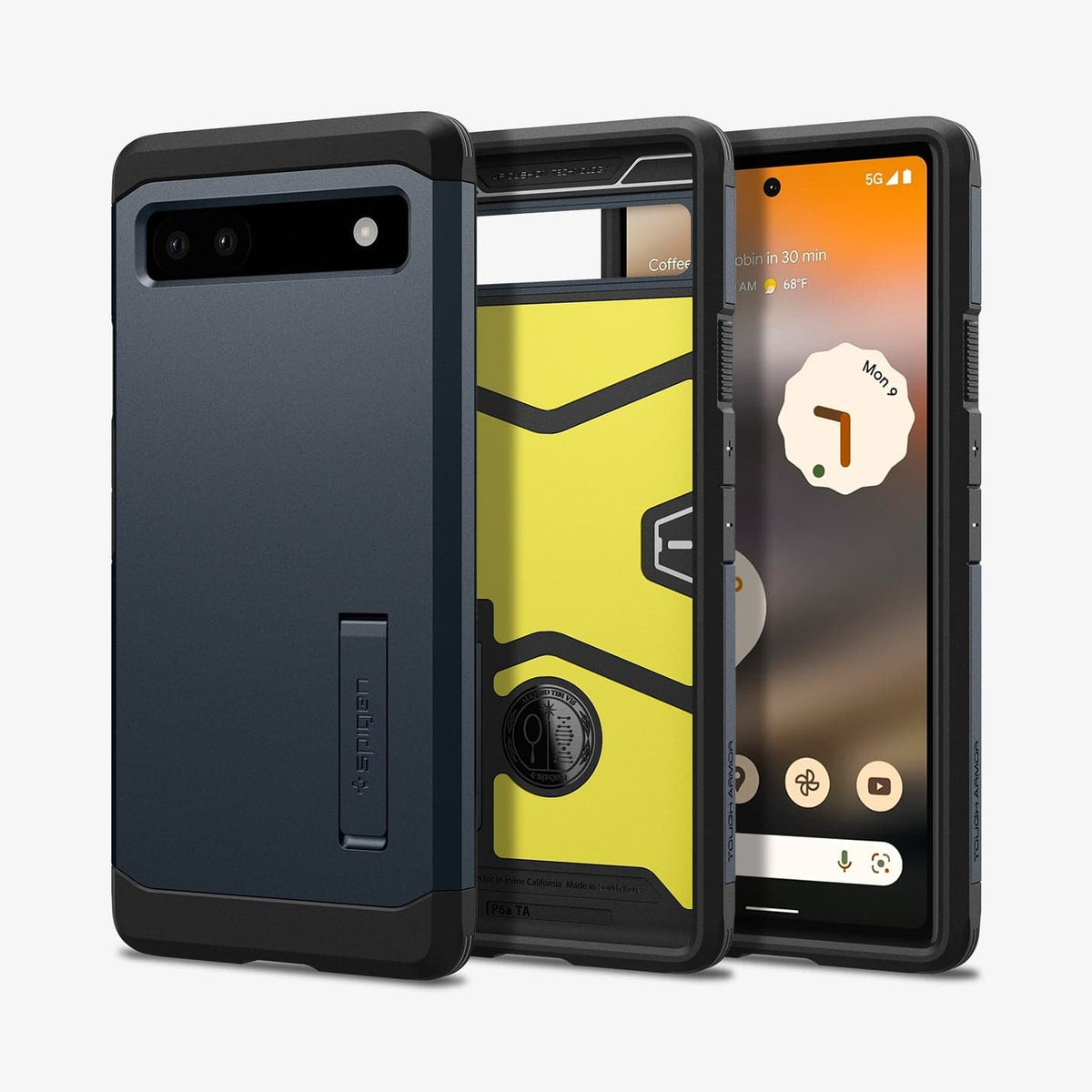 ACS04480 - Pixel 6a Case Tough Armor in metal slate showing the back, inside and front