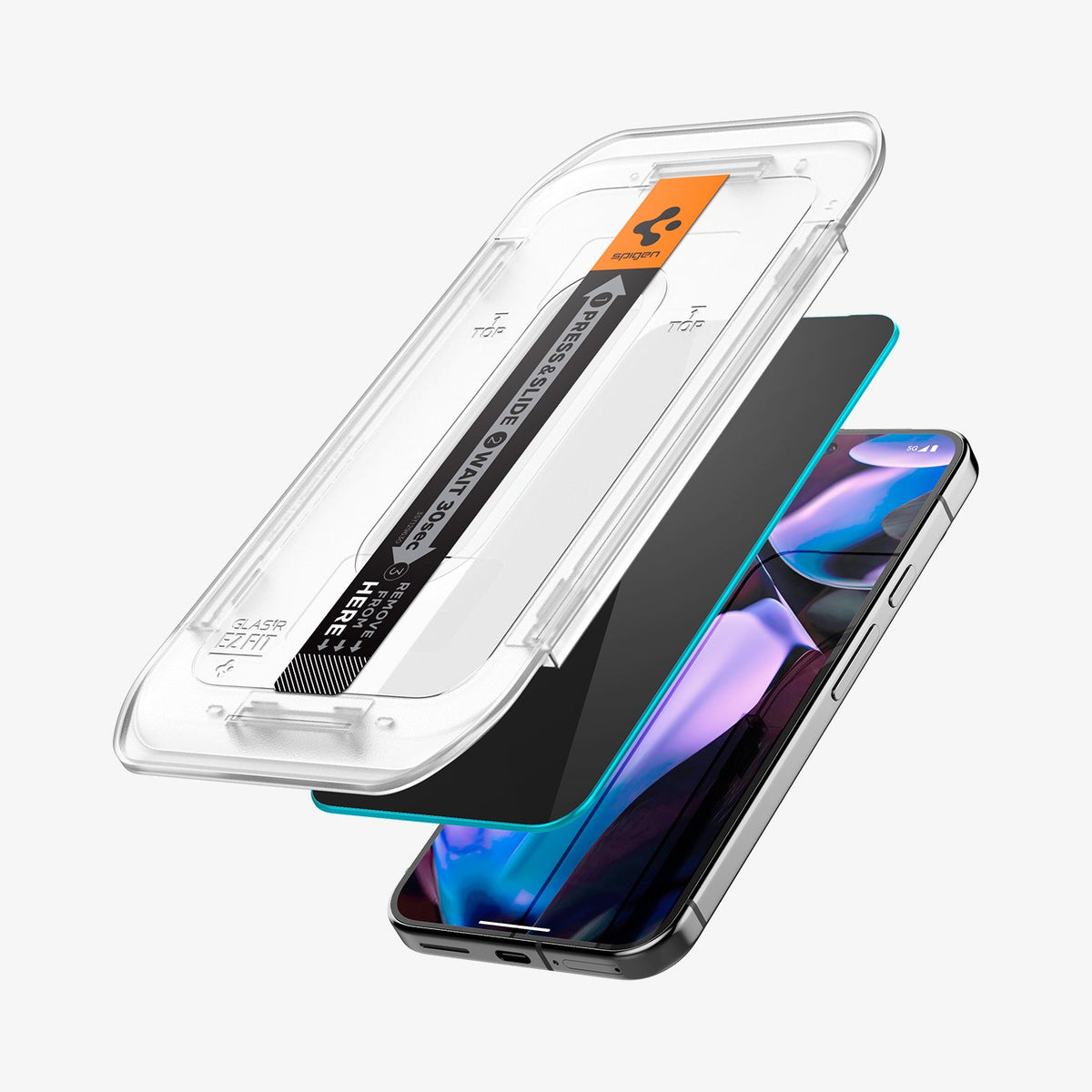 AGL09312 - Pixel 9 Pro GLAS.tR EZ Fit Privacy in Privacy showing the front of alignment tray hovering in front of the screen protector and the device