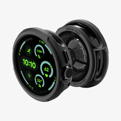 ACS11222 - Pixel Watch 4 (45mm) Case Liquid Air in black showing the front, back and sides