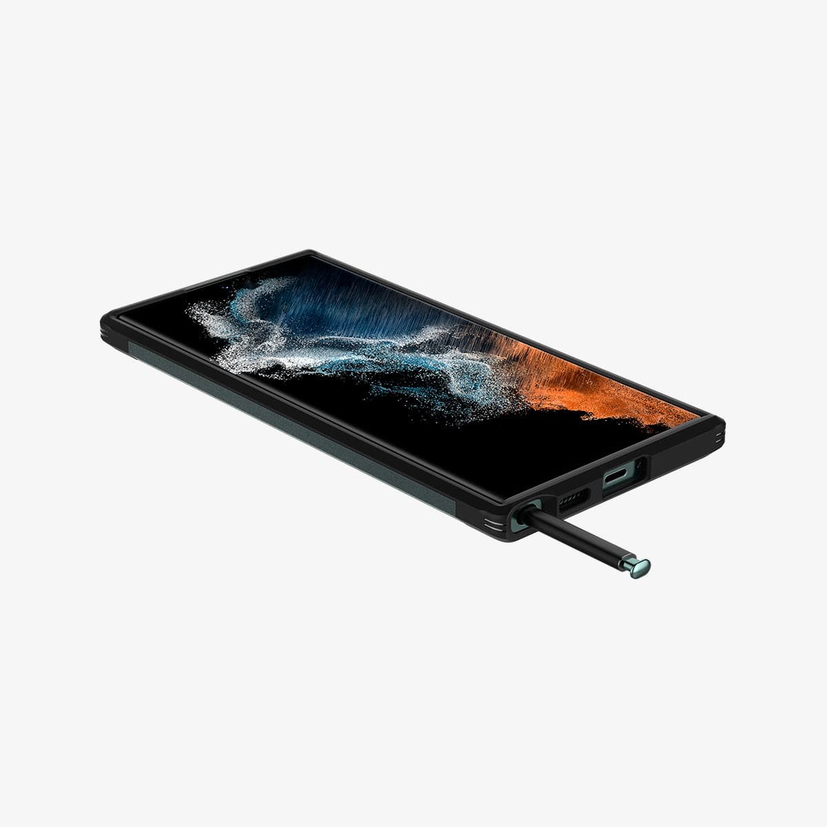 ACS04519 - Galaxy S22 Ultra 5G Case Tough Armor in abyss green showing the front, side and bottom with s pen sticking out of slot