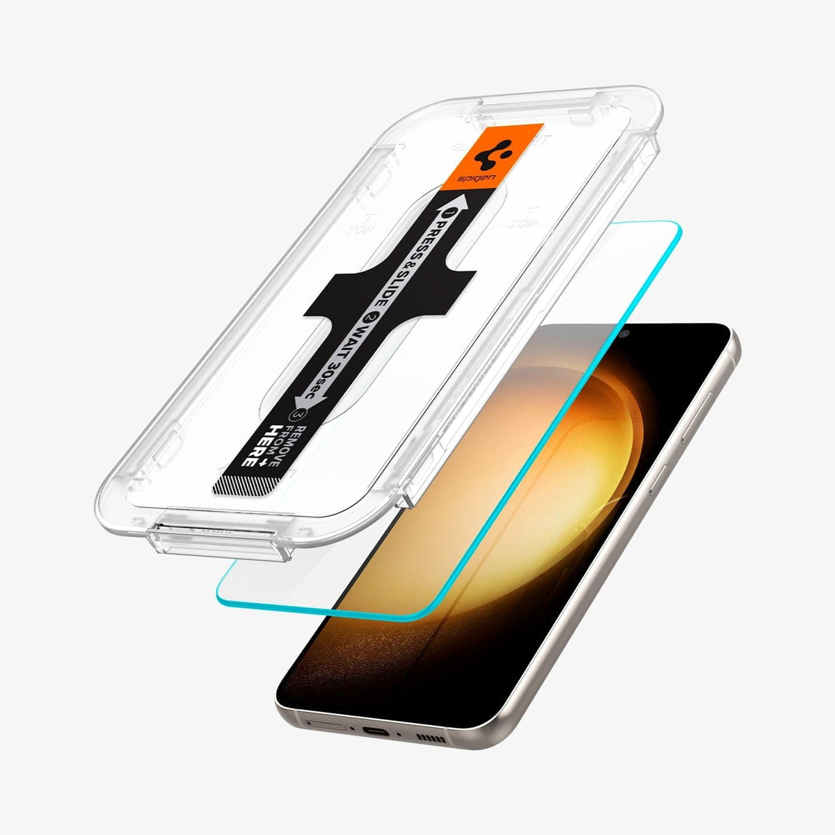 AGL05958 - Galaxy S23 EZ FIT GLAS.tR Screen Protector showing the screen protector and ez fit tray hovering in front of the device