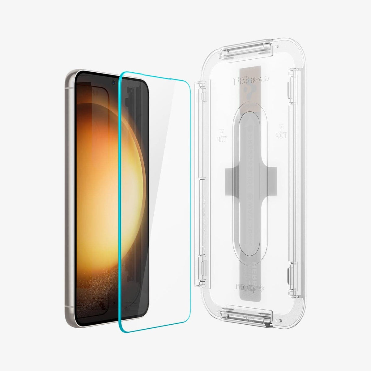AGL05958 - Galaxy S23 EZ FIT GLAS.tR Screen Protector showing the screen protector and ez fit tray hovering in front of the device
