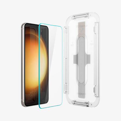 AGL05958 - Galaxy S23 EZ FIT GLAS.tR Screen Protector showing the screen protector and ez fit tray hovering in front of the device