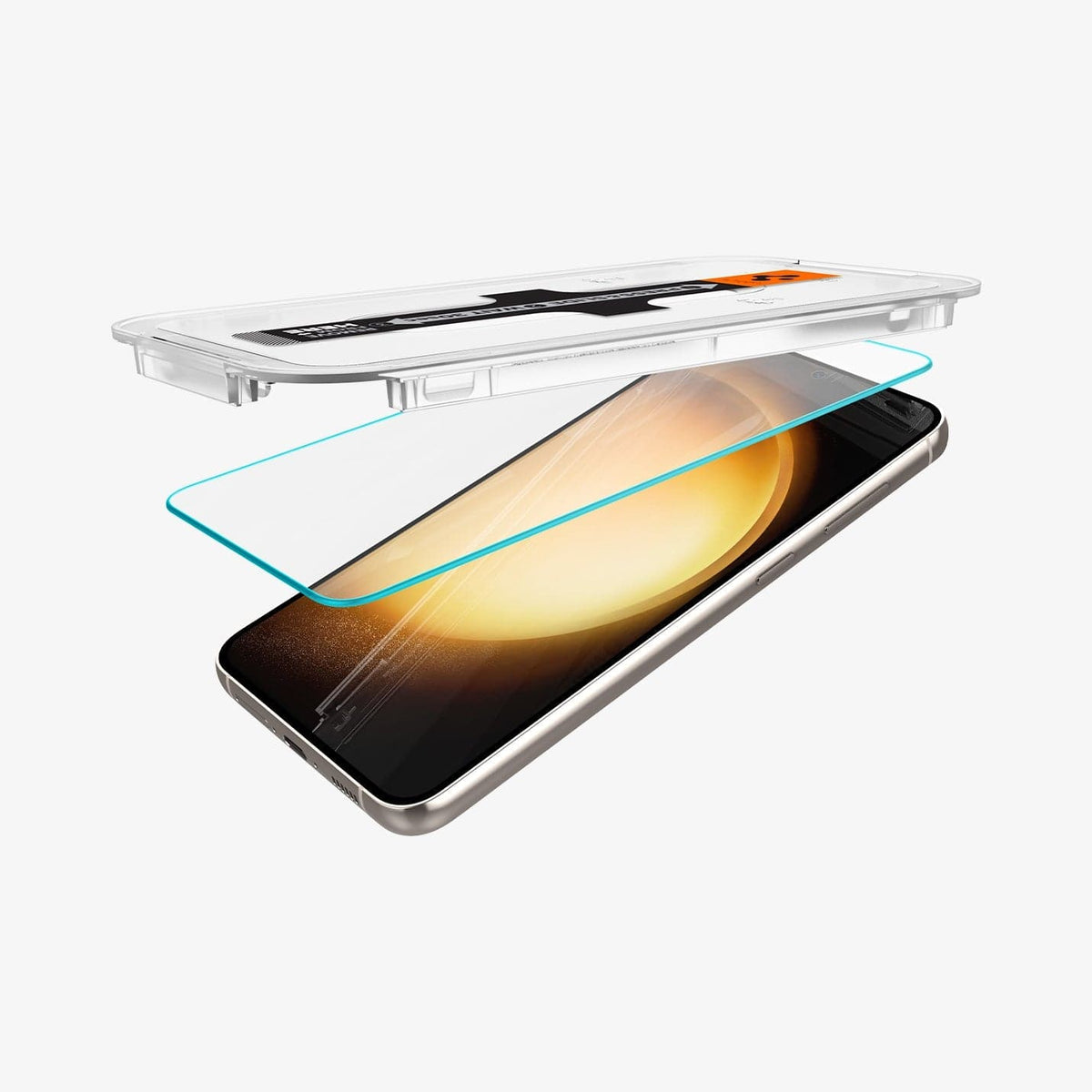 AGL05958 - Galaxy S23 EZ FIT GLAS.tR Screen Protector showing the ez fit tray and screen protector hovering above the device
