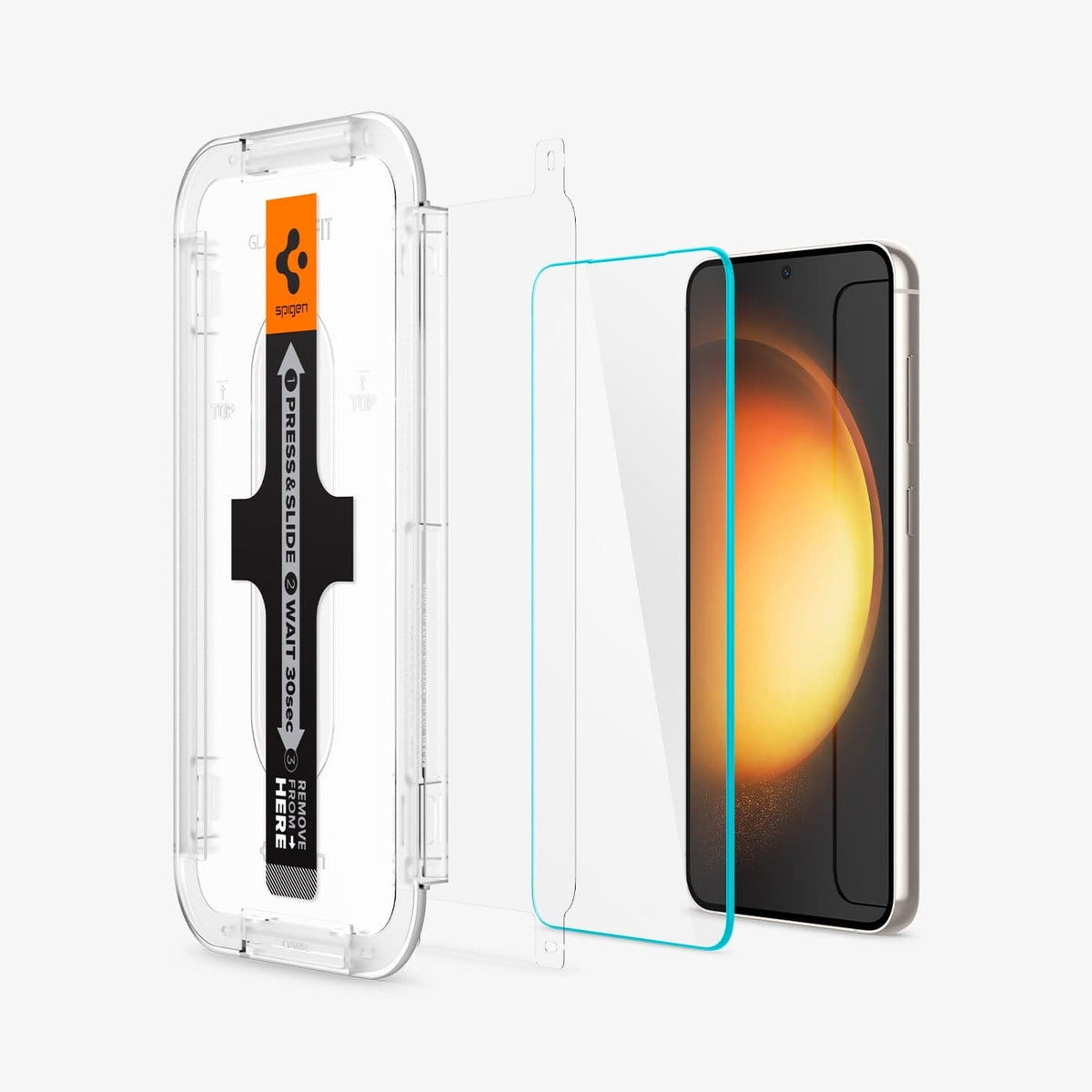 AGL05958 - Galaxy S23 EZ FIT GLAS.tR Screen Protector showing the ez fit tray, alignment film, and screen protector hovering in front of the device