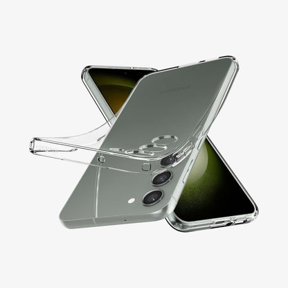 ACS05708 - Galaxy S23 Case Liquid Crystal in crystal clear showing the front, side and back with case bending away from device