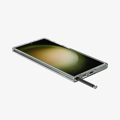 ACS05610 - Galaxy S23 Ultra Case Liquid Crystal in crystal clear showing the front, side and bottom with s pen sticking out of slot