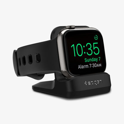 SGP11584 - Apple Watch Night Stand S350 in black showing the front and partial side with watch on stand