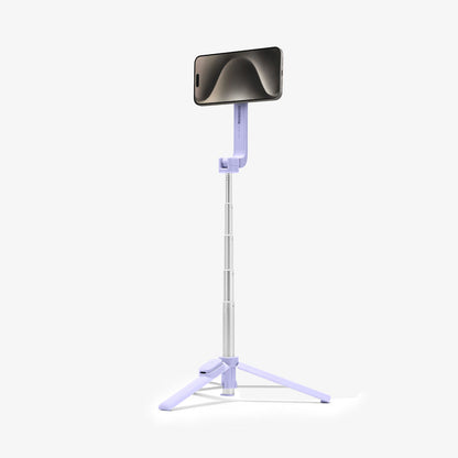 AMP07658 - Tripod Selfie Stick (Mag Fit) | S571W in Lavender showing the front of the device attached to the tripod selfie stick extended with a stand