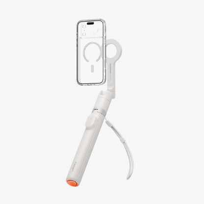 AMP11373 - Selfie Stick | S582W in Dune Beige showing a mounted smartphone on a magnetic holder with an extended handle, built-in tripod legs, and detachable remote control.