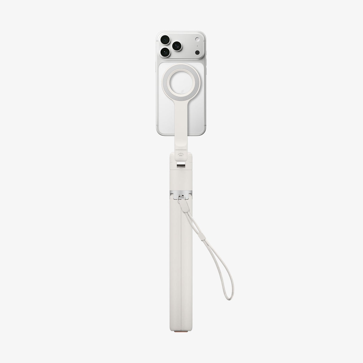AMP11373 - Selfie Stick | S582W in Dune Beige showing a compact handheld design with a magnetic phone mount and attached wrist strap for secure grip and portability.