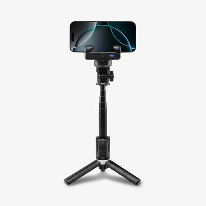 AMP08945 - Gimbal Selfie Stick | S620W in Black showing tripod stand mode with fully extended pole phone in horizontal landscape orientation on folded tripod base