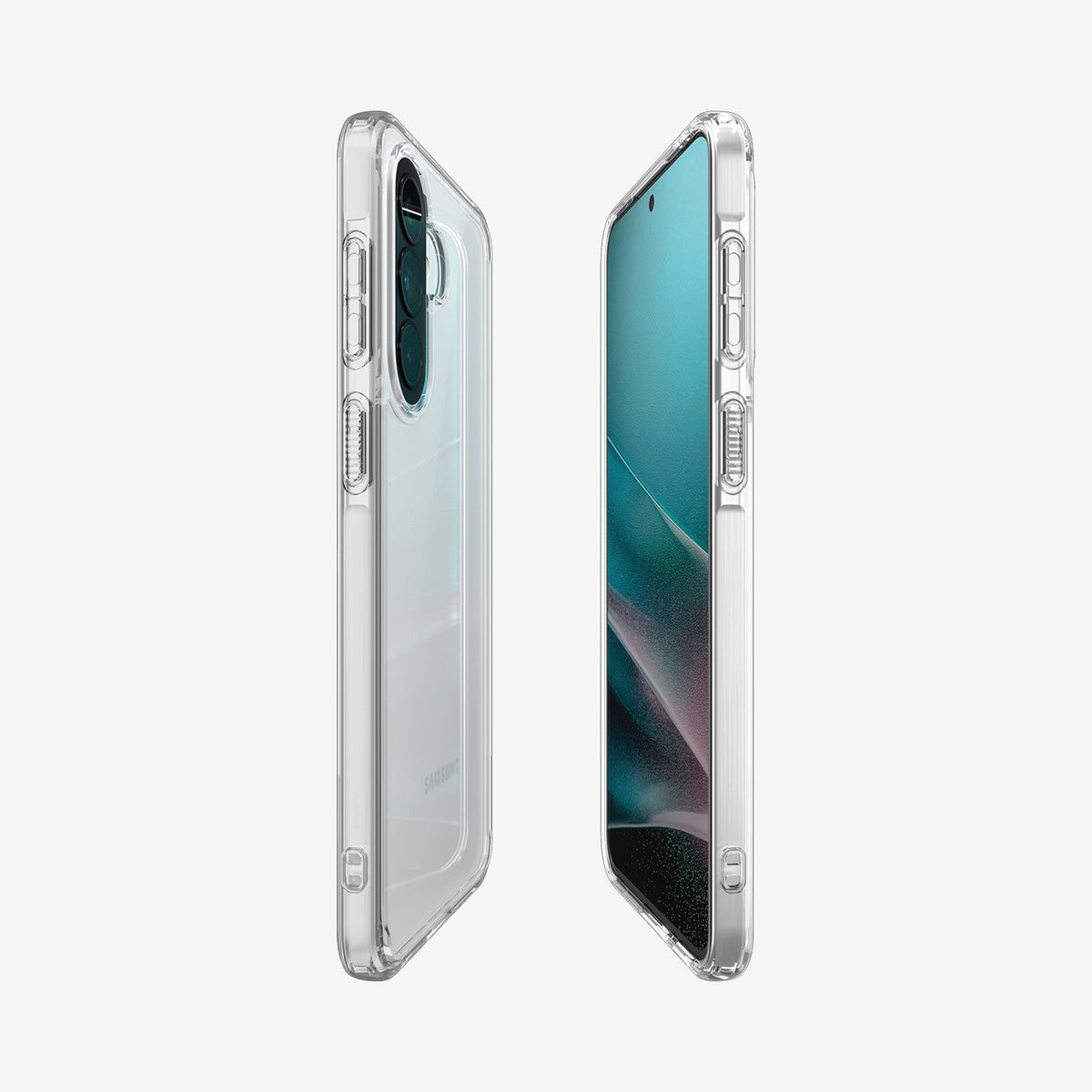 ACS11123 - Spigen Ultra Hybrid Galaxy A57 5G case in Crystal Clear - dual angled view showing transparent back and front with reinforced corners