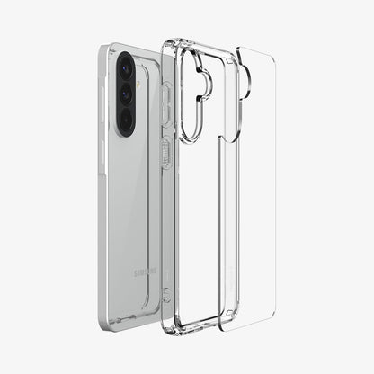 ACS11123 - Spigen Ultra Hybrid Galaxy A57 5G case in Crystal Clear - exploded view showing hard PC back panel and flexible TPU bumper