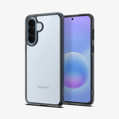 ACS11124 - Spigen Ultra Hybrid Galaxy A57 5G case in Space Crystal on Awesome Iceblue phone - front and back view showing dark tinted bumper with transparent back
