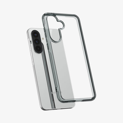 ACS11124 - Spigen Ultra Hybrid Galaxy A57 5G case in Space Crystal lifting away from phone, showing dark tinted TPU bumper and clear back