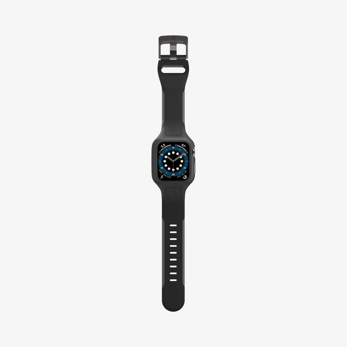 AMP02007 - Apple Watch Series (44mm) Case Liquid Air Pro in black showing the front with watch band laid out flat