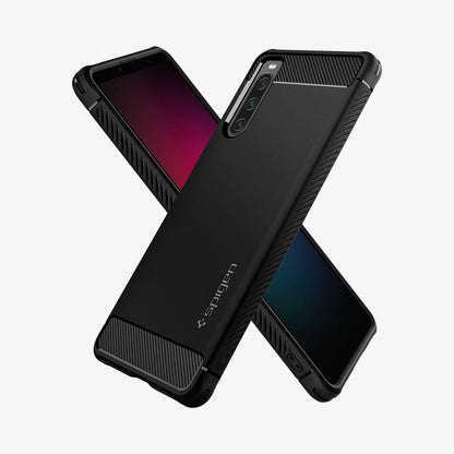 ACS04554 - Sony Xperia 10V Case Rugged Armor in matte black showing the back, front and sides