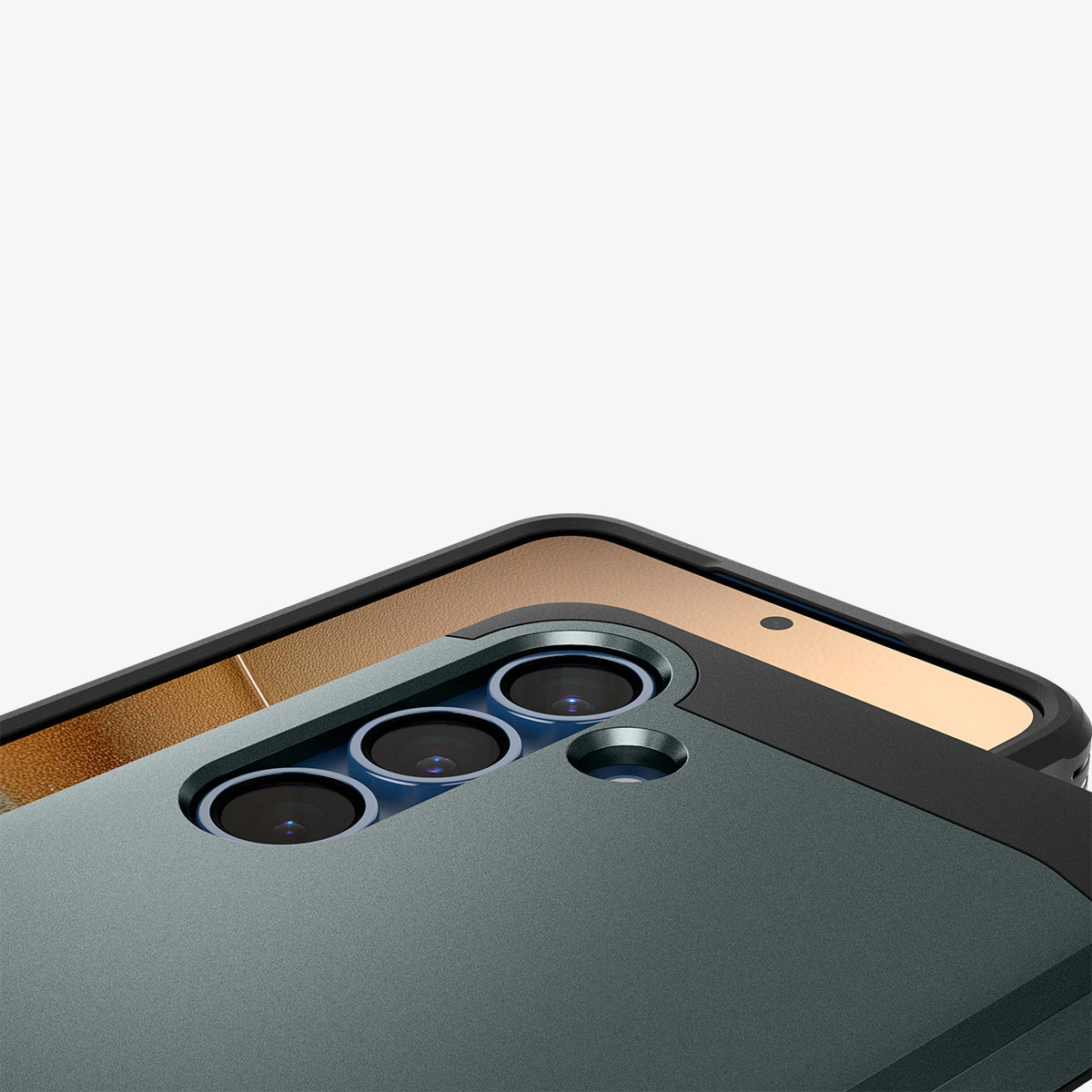 ACS09010 - Galaxy S25 Case Tough Armor AI (MagFit) in Abyss Green showing partial back, partial front with camera lens zoomed in