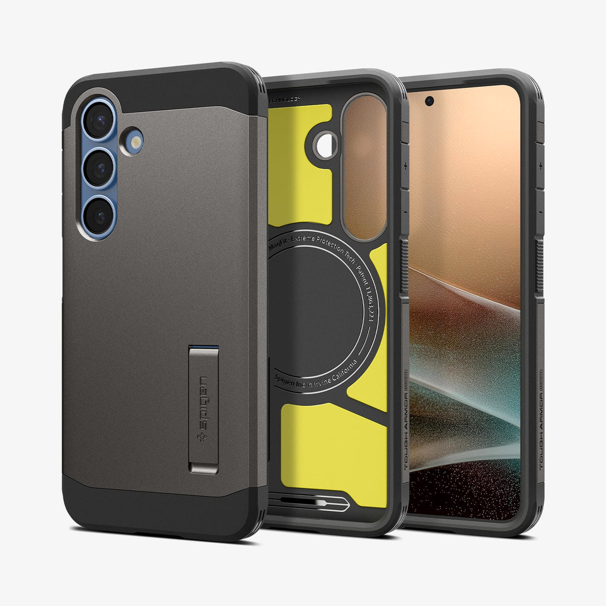 ACS09009 - Galaxy S25 Case Tough Armor AI (MagFit) in Gunmetal showing the back, partial inner, partial front and sides