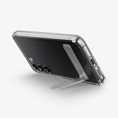 ACS05717 - Galaxy S23 Case Ultra Hybrid S in crystal clear showing the back and bottom with device propped up by built in kickstand