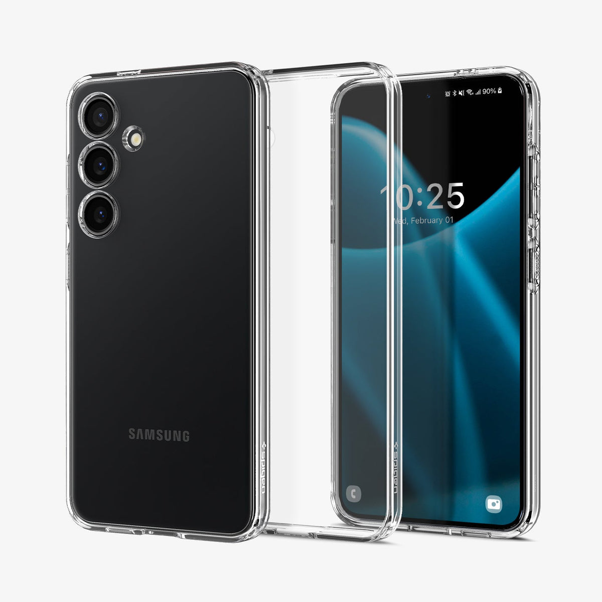 ACS07343 - Galaxy S24 Case Liquid Crystal in Crystal Clear showing the back paralleled with a transparent case in the middle and a device facing front