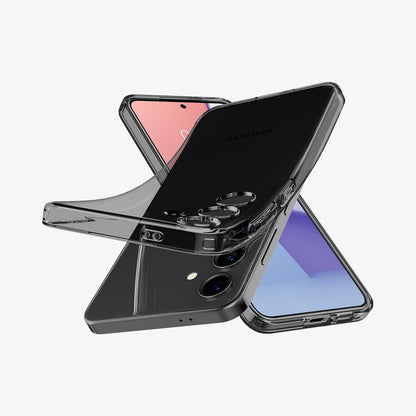 ACS07344 - Galaxy S24 Case Liquid Crystal in Space Crystal showing the back, partial sides with case partially peeled off from device, behind, a device showing partial front