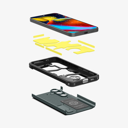 ACS07357 - Galaxy S24 Case Tough Armor in Abyss Green showing the front of device hovering above the impact foam detached from frame and hard layer of the case