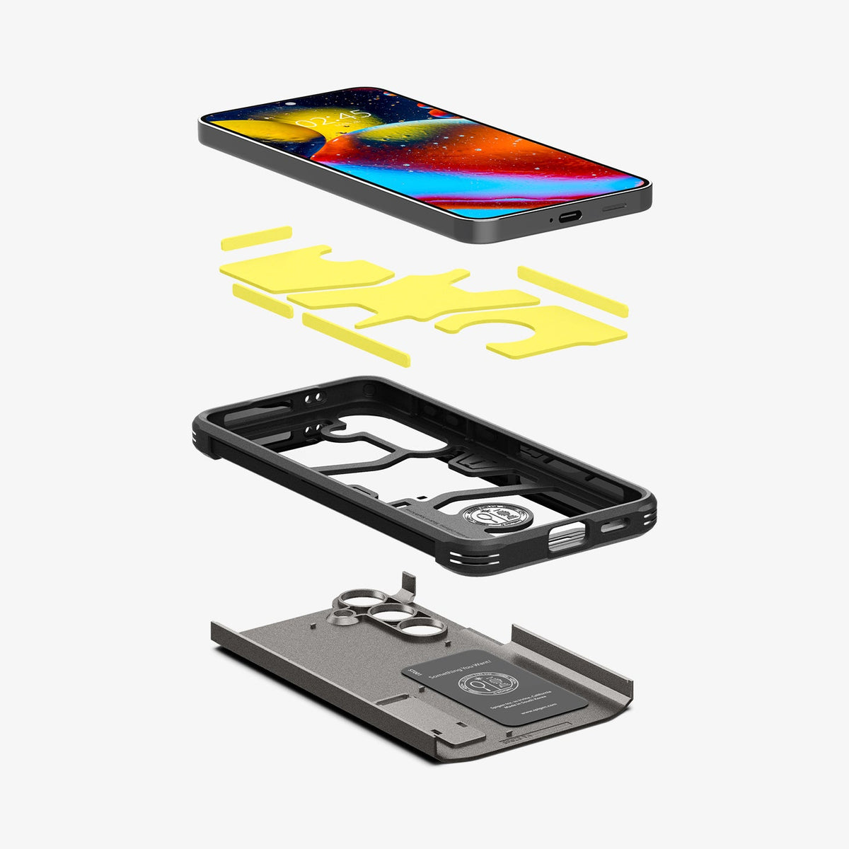 ACS07356 - Galaxy S24 Case Tough Armor in Gunmetal showing the front of device hovering above the impact foam detached from frame and hard layer of the case