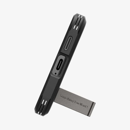 ACS07356 - Galaxy S24 Case Tough Armor in Gunmetal showing the bottom and a built-in kickstand propped up