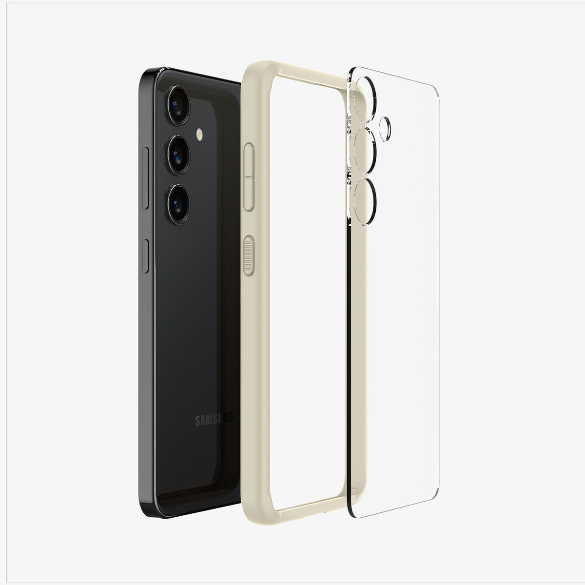 ACS07416 - Galaxy S24 Case Ultra Hybrid in Mute Beige showing the he transparent back of the case detached from the lighter frame paralleled with the device