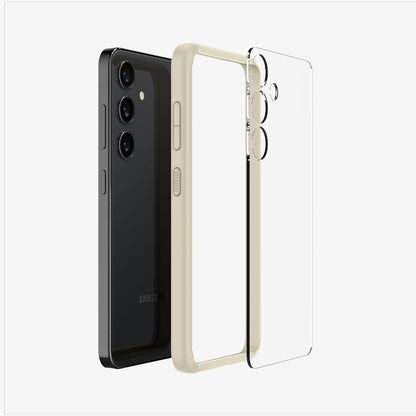 ACS07416 - Galaxy S24 Case Ultra Hybrid in Mute Beige showing the he transparent back of the case detached from the lighter frame paralleled with the device