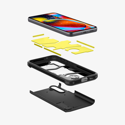 ACS06364 - Galaxy S23 FE Case Tough Armor in black showing the hard pc, soft tpu, impact foam and device
