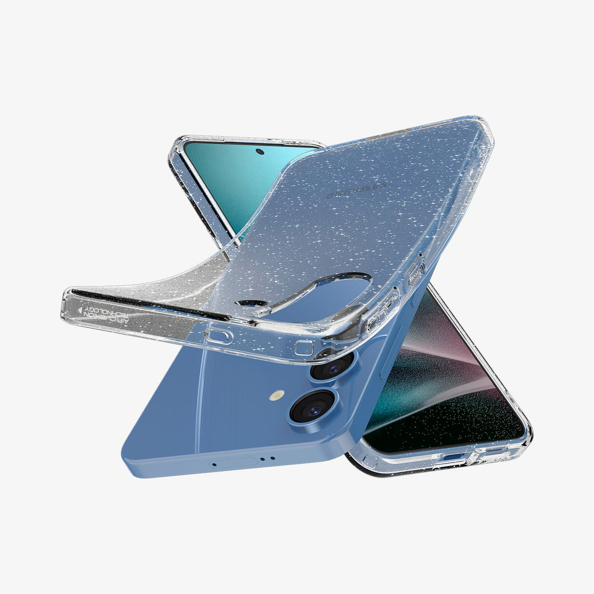 ACS08997 - Galaxy S25 Case in Crystal Quartz showing the back, partial front and sides, back cover partially peeled off from the device