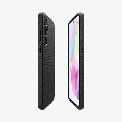 ACS07519 - Galaxy A35 5G Case Liquid Air in Matte Black showing the partial back, front and sides of both devices facing each other