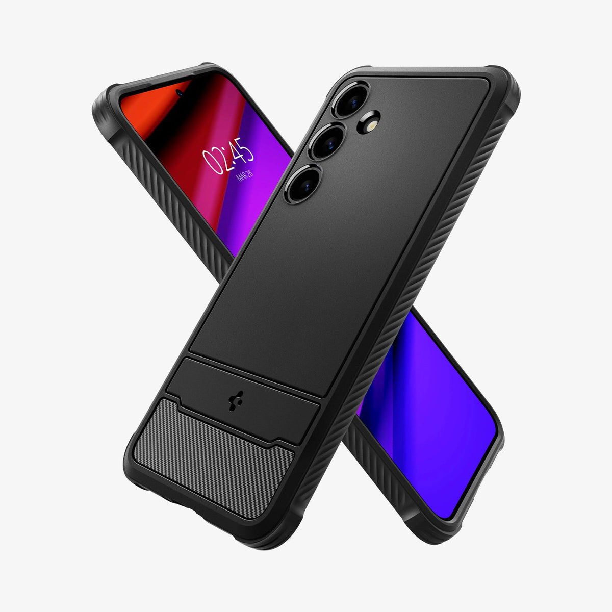 ACS07326 - Galaxy S24 Plus Case Rugged Armor in Matte Black showing the back next to it, a device showing partial front with both partial sides