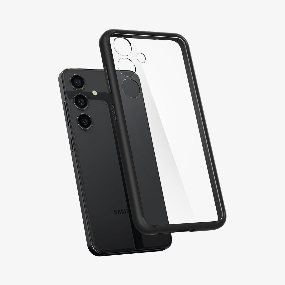 ACS07330 - Galaxy S24 Plus Case Ultra Hybrid in Matte Black showing the back of a transparent case with a darker frame hovering above the device