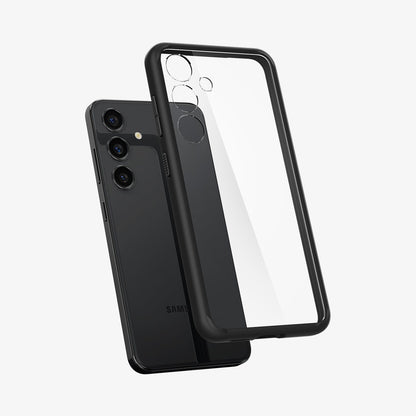 ACS07330 - Galaxy S24 Plus Case Ultra Hybrid in Matte Black showing the back of a transparent case with a darker frame hovering above the device