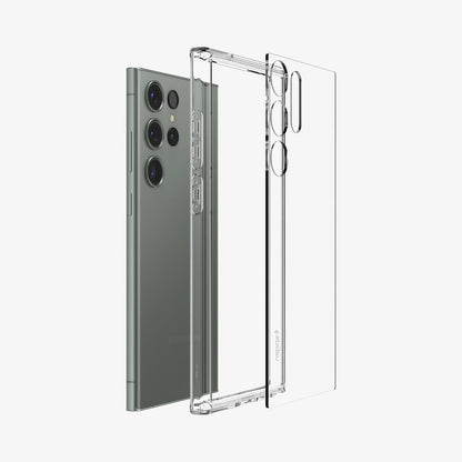 ACS05617 - Galaxy S23 Ultra Case Ultra Hybrid in crystal clear showing the multiple layers of case hovering from back of device