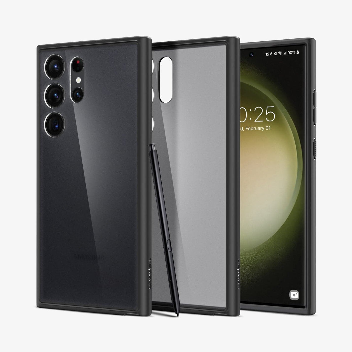 ACS05619 - Galaxy S23 Ultra Case Ultra Hybrid in frost black showing the back, inside and front with s pen leaning against device